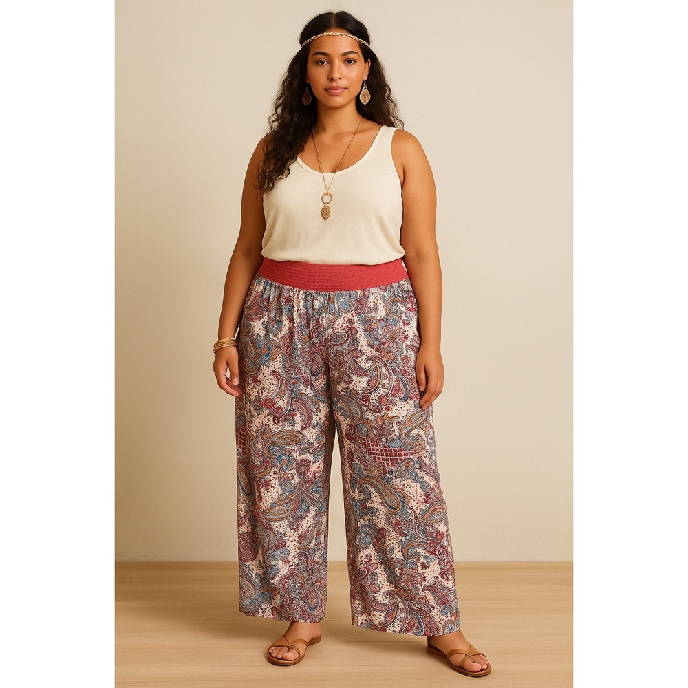 OneWorld Boho Wide Leg Pants Women's 3X Paisley Smocked‎ Waist Palazzo Lounge